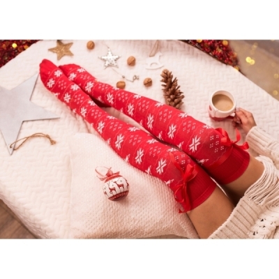 Milena dámské bavlněné nadkolenky s mašlí Sobi a hvězdy - bílo-červené