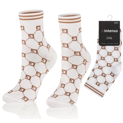 Intenso Luxury dámské vysoké ponožky - bílé s hnědými vzory